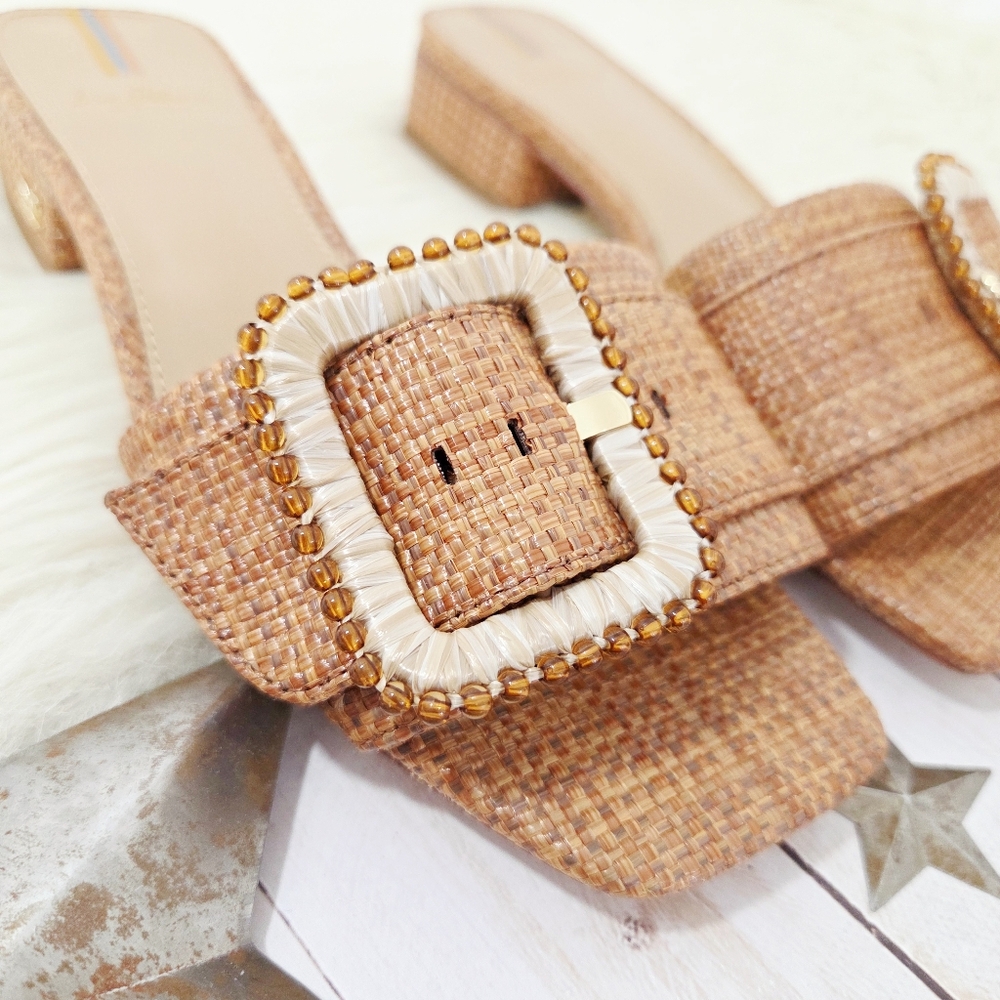 Sam Edelman Deacon Bead Buckle Sandals Brown Woven Raffia Slide Size 5.5 New - Picture 5 of 7